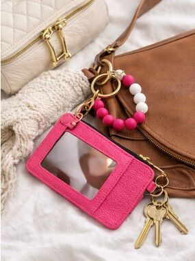 Pink Cardholder Keychain with Beaded Charm